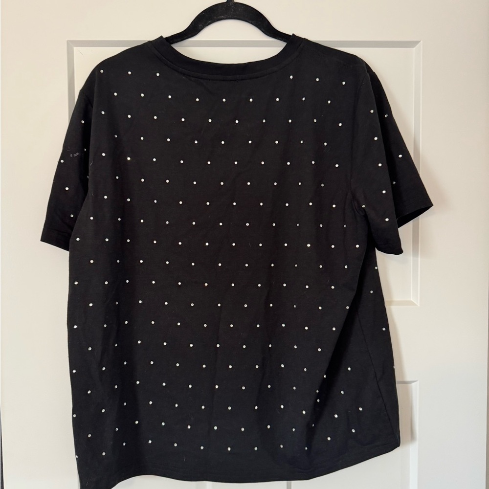 Black bedazzled women’s short Sleeve Tee with White Dot Print